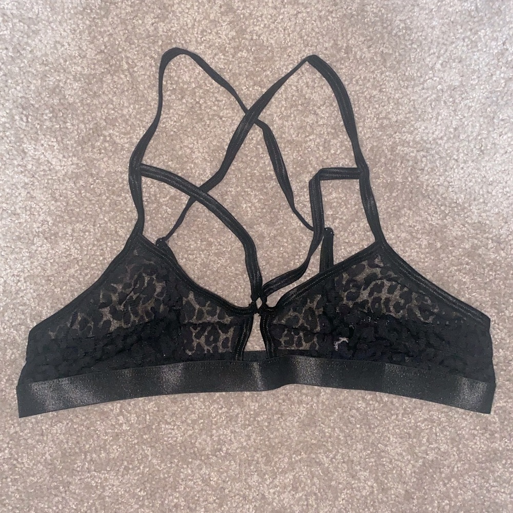 NWOT Black Sheer Leopard Print Strappy Bra / Bralette in Size Large